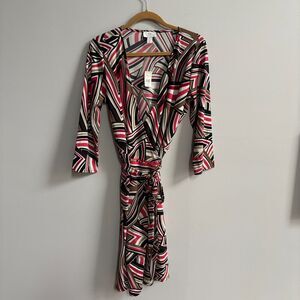 Ann Taylor Loft Wrap Dress Sz 14 Multicolor Geometric Print 3/4 Sleeve 70s Retro